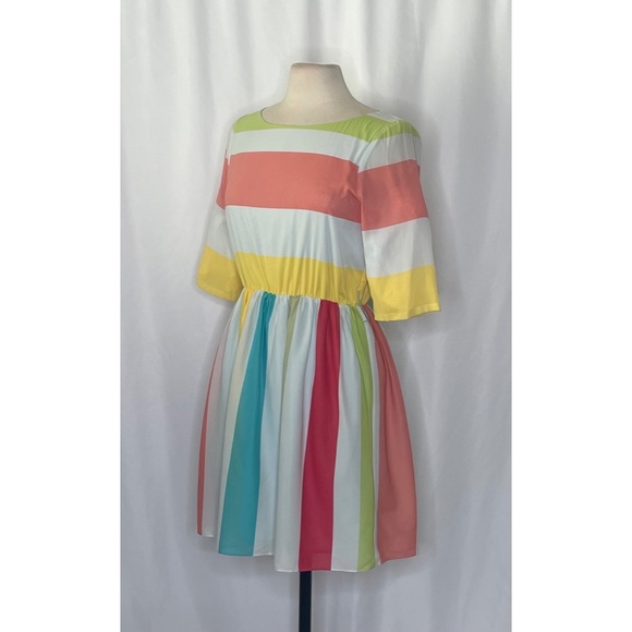 ALICE + OLIVIA Anita Silk Pastel Stripe Dress Retro Blouson Button Back Medium - Picture 7 of 16